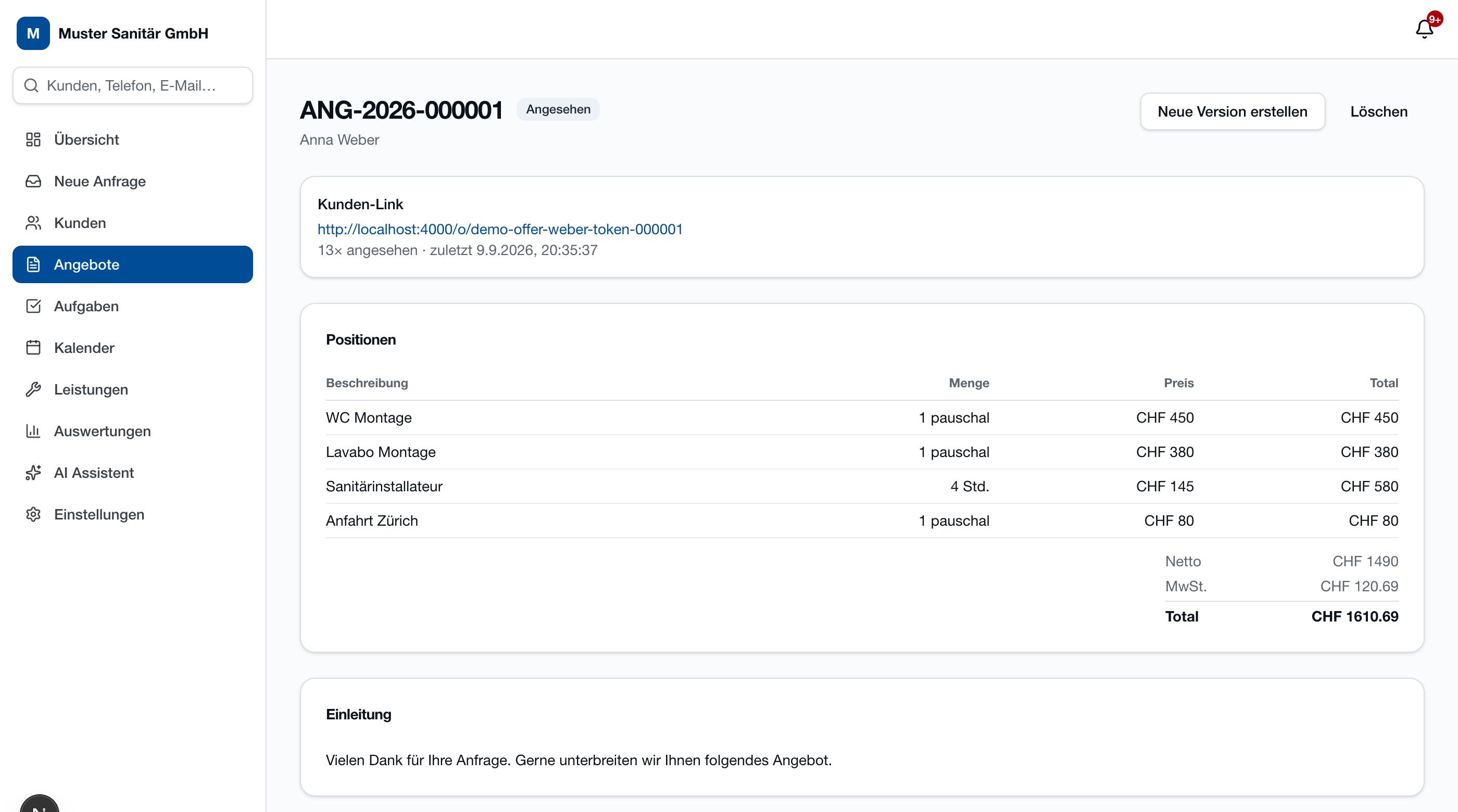 Angebotsansicht in AI Angebot Assistent: Positionen, Mengen, Preise und automatisch berechnete MwSt. für ein Beispiel-Angebot